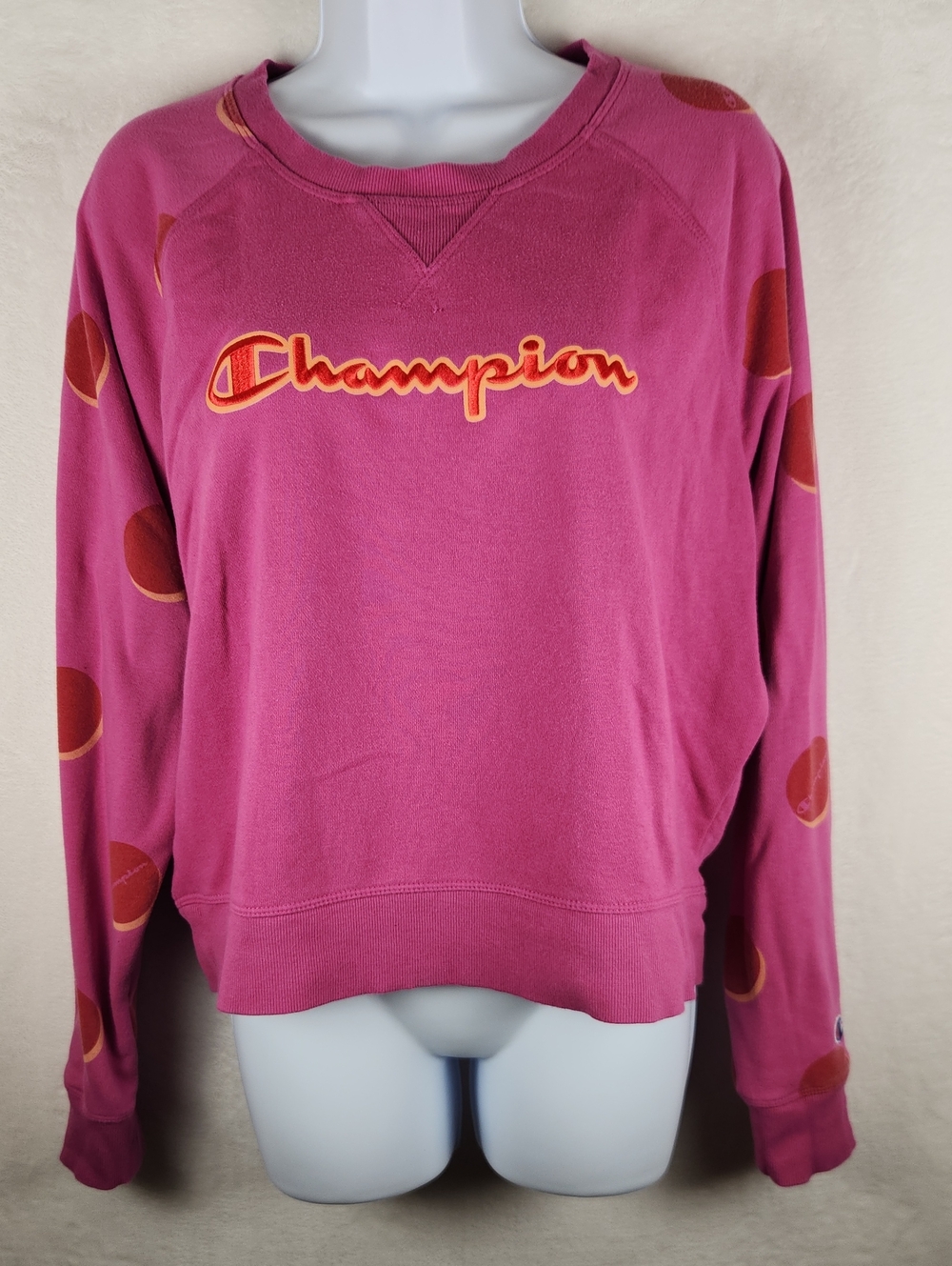 Champion Women's Pink Crewneck Sweatshirt with Red Orange Size Large